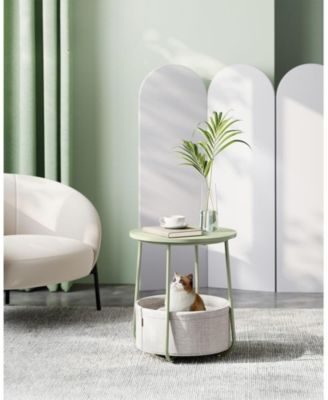 Small Round Side End Table, Modern Nightstand with Fabric Basket