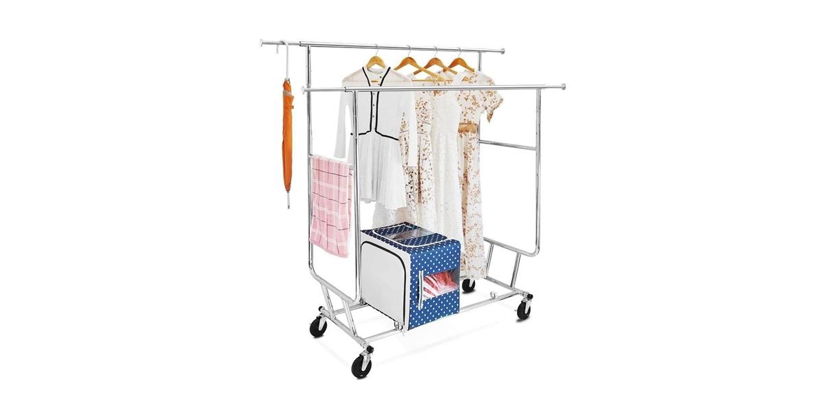 Slickblue Heavy Duty Double Bar Clothes Hanging Garment Rack on Lockable Wheels Durable and Secure