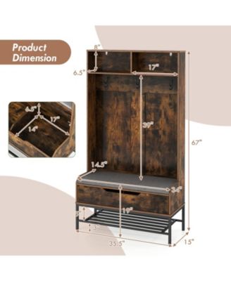 69-Inch 4-in-1 Hall Tree with Coat Rack, Seat Cushion, Shoe Storage, and Shelf