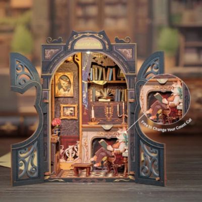 Book Nook Kit - DIY Dollhouse Miniature House Kit for Adults, Teens and Beginners, Tiny House Booknook Bookshelf Decor 3D Wooden Puzzle, Gifts for Family, Friends (Count Cat's Study
