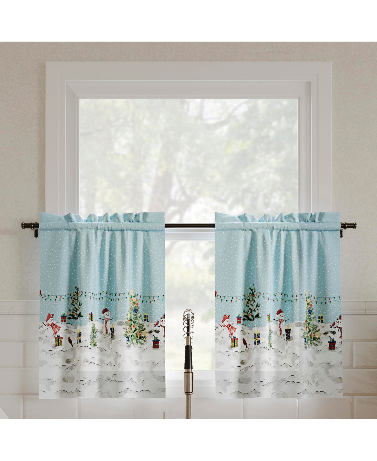Holiday Wonderland Semi-Sheer Rod Pocket Kitchen Curtain Tier Pair - Blue