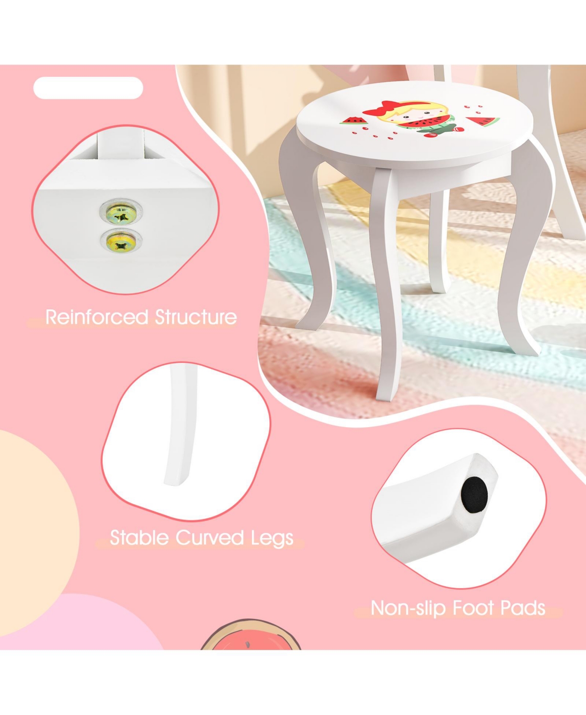 Gouun 1 Children Pretend Makeup Vanity Set with Removable Mirror and Storage Drawer