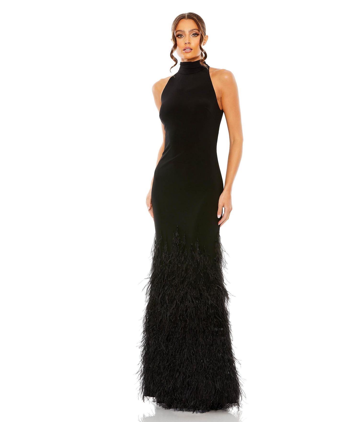 Женские платья Mac Duggal Jersey Halter Gown with Feather Tiered Detail, цвет: Чёрный — фото 1