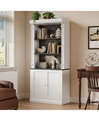 Tall Storage Bookcase with 3-Tier Open Shelves and Double Door, Roman Column Design and 4 Adjustable Lights, White & Black Wood Grain Display Storage Cabinet for Home Office, Living Room