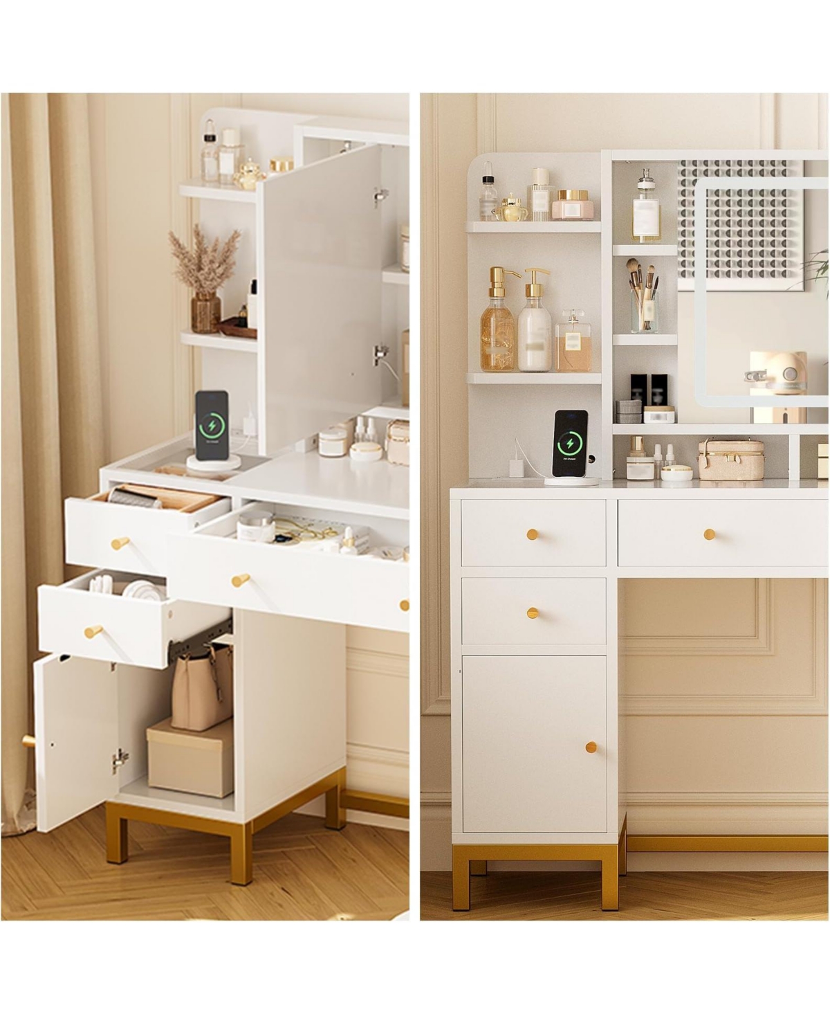 gaomon Vanity Desk with Mirror and Lights, Large Makeup Vanity with Charging Station and Storage Cabinet, 3 Lighting Modes Adjustable, Dressing Table