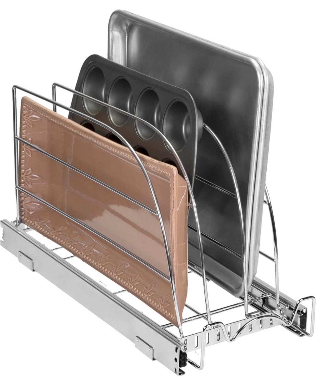 Bakeware Pull Out Organizer for Cookie Sheet, Cutting Board, Bakeware, and Tray 8.5 x 21 In - Chrome
