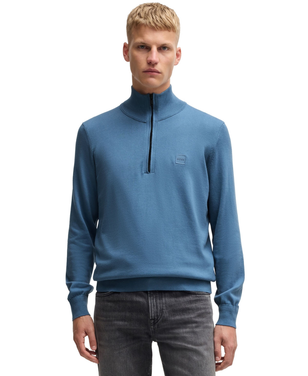 Boss by Hugo Boss Men's Logo-Patch Zip-Neck Sweater - Open Blue