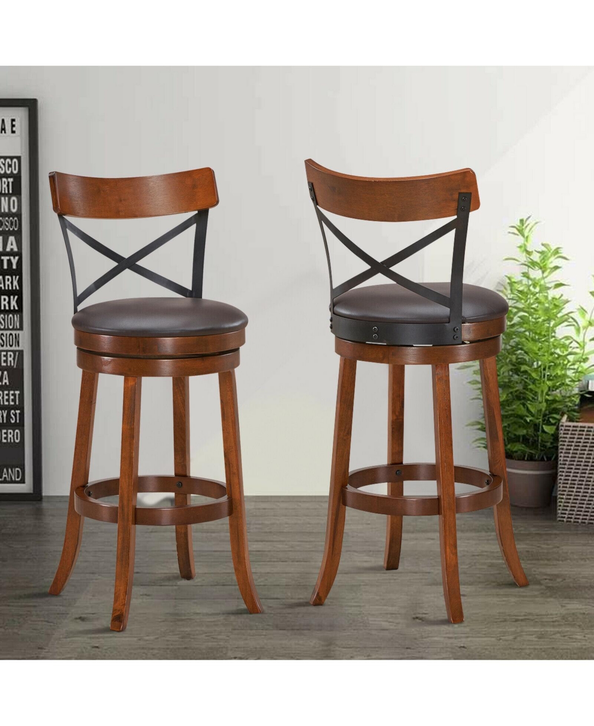 Gouun Set of 2 Bar Stools 360-Degree Swivel Dining Bar Chairs with Rubber Wood Legs-29.5 inch