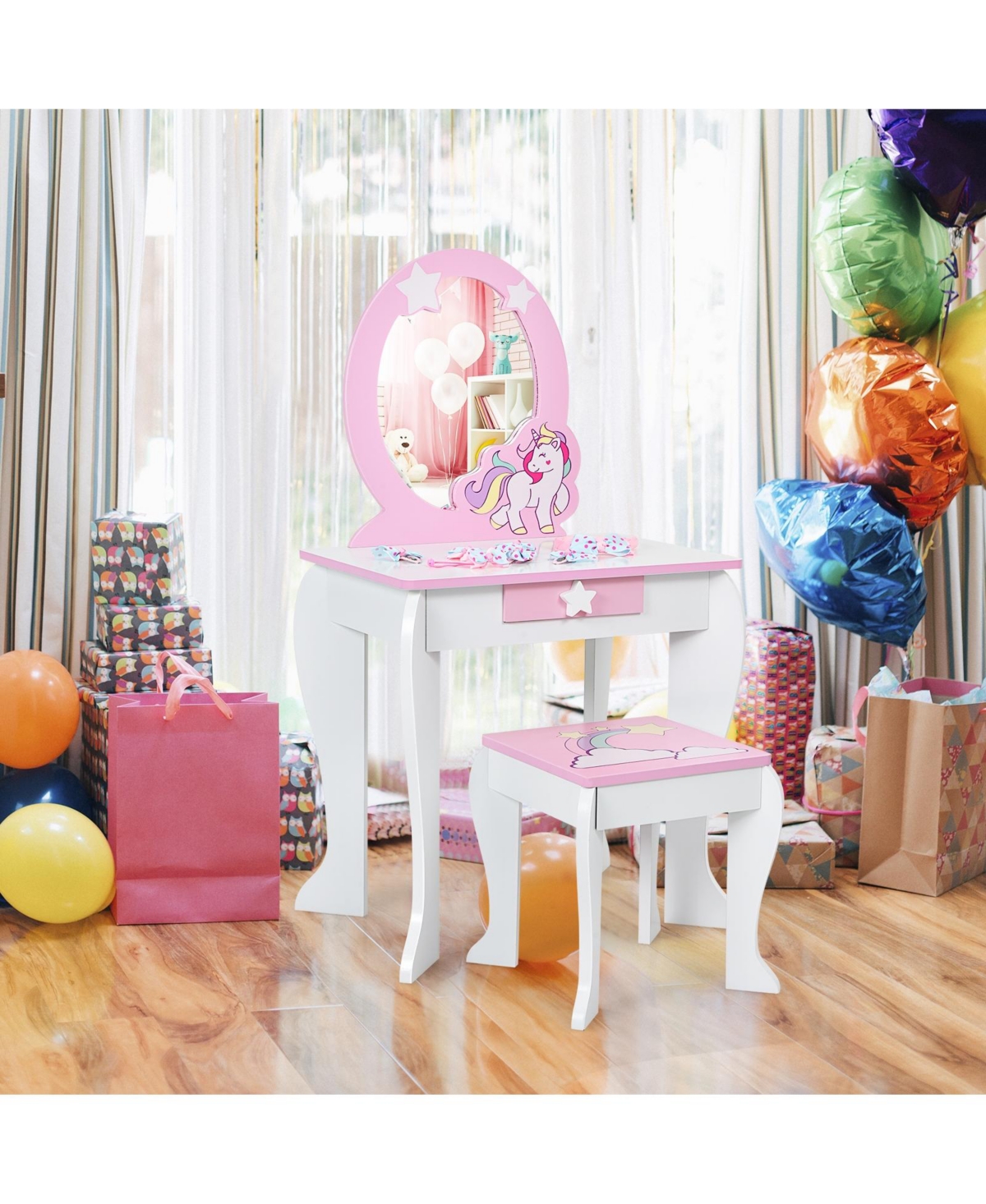 Gouun Kids Vanity Set with Mirror, Drawer, and Chair for Makeup and Dressing