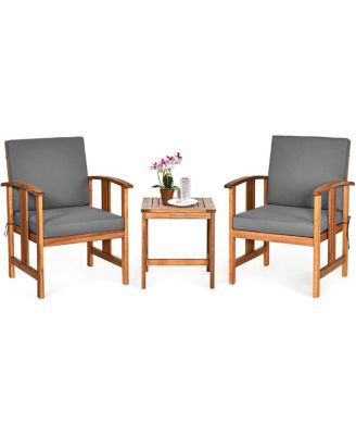 3-Piece Solid Wood Outdoor Patio Furniture Table Chairs Set with Cushions