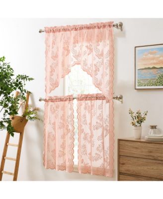 Butterfly Floral Lace - Sheer 3 Piece Kitchen Curtains Set, Light Filtering Transparent Window Swag Valance + 36 inch Tiers Set