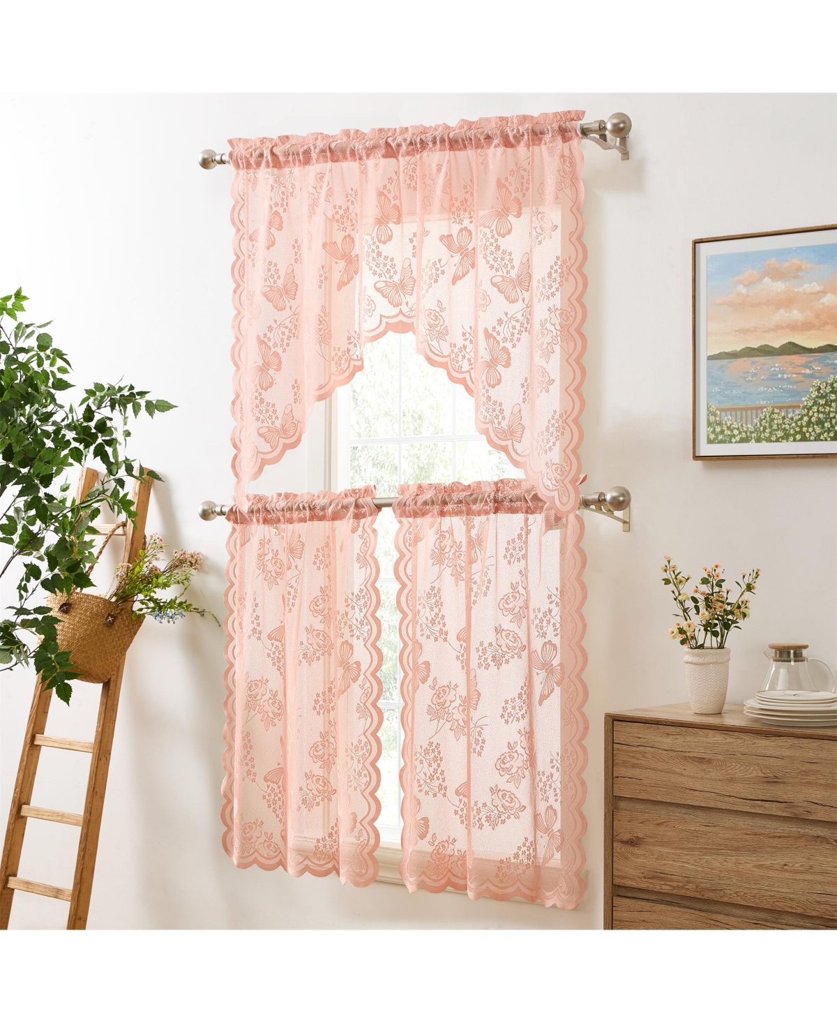 Hlc.me Butterfly Floral Lace - Sheer 3 Piece Kitchen Curtains Set, Light Filtering Transparent Window Swag Valance + 36 inch Tiers Set