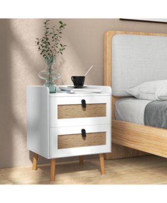 Modern End Table Bedside Table with 2 Rattan Decorated Drawers