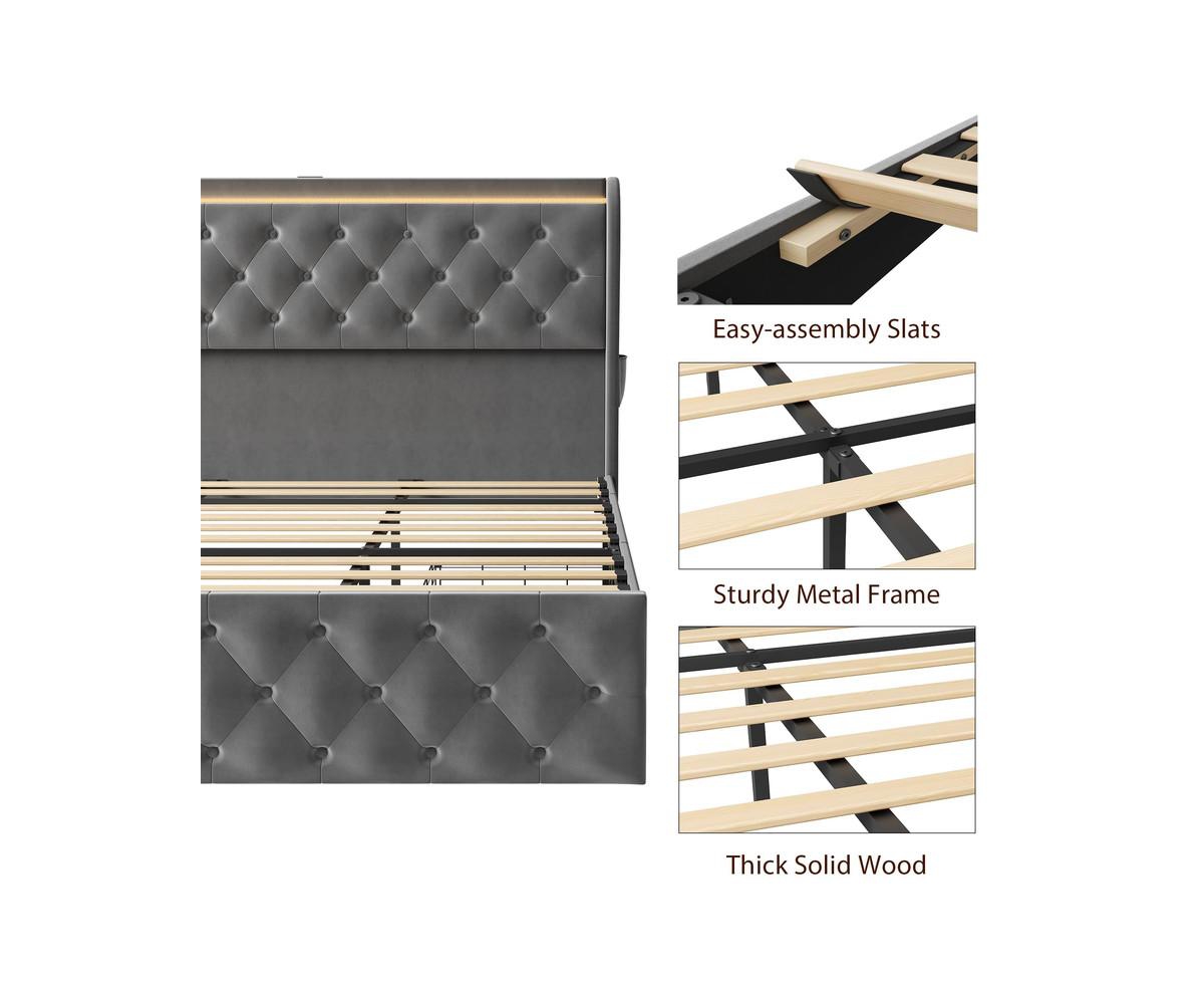 gaomon Led Bed Frame with Charging Station, Velvet Upholstered Platform Bed Frame with Button Wingback Headboard, Metal Frame with No Box Spring