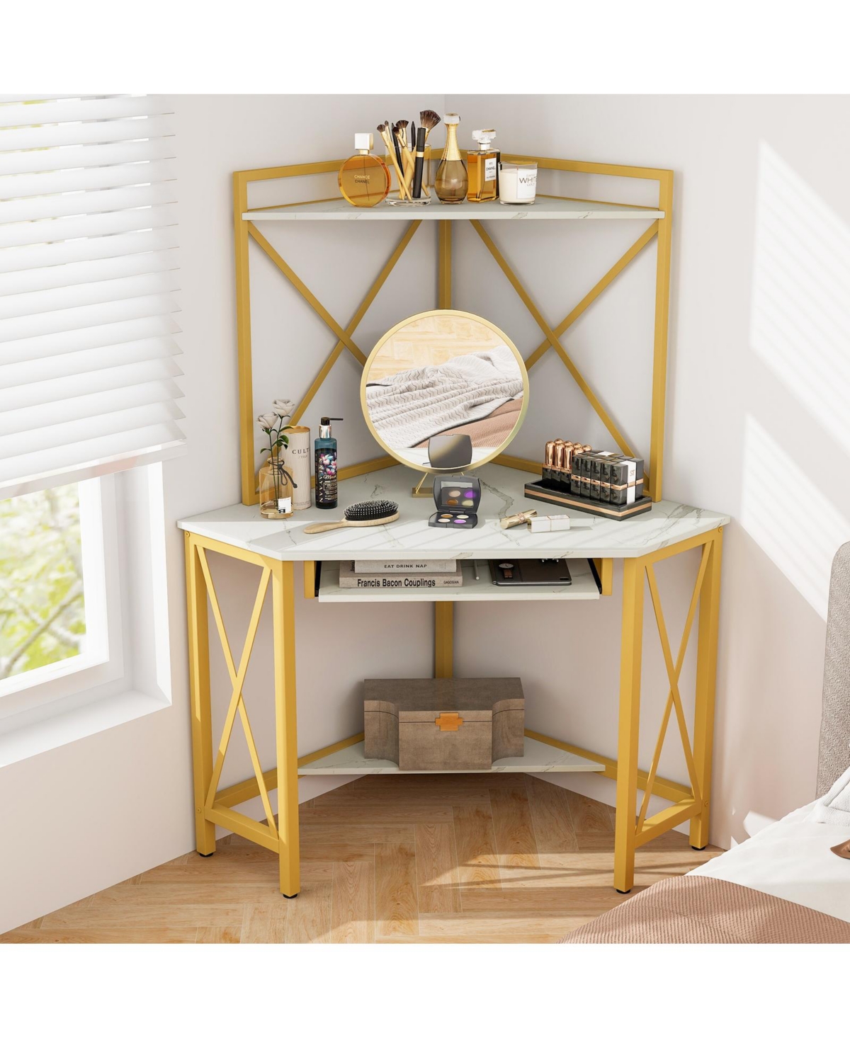 Gouun Space-Saving Corner Computer Desk with with Hutch and Keyboard Tray