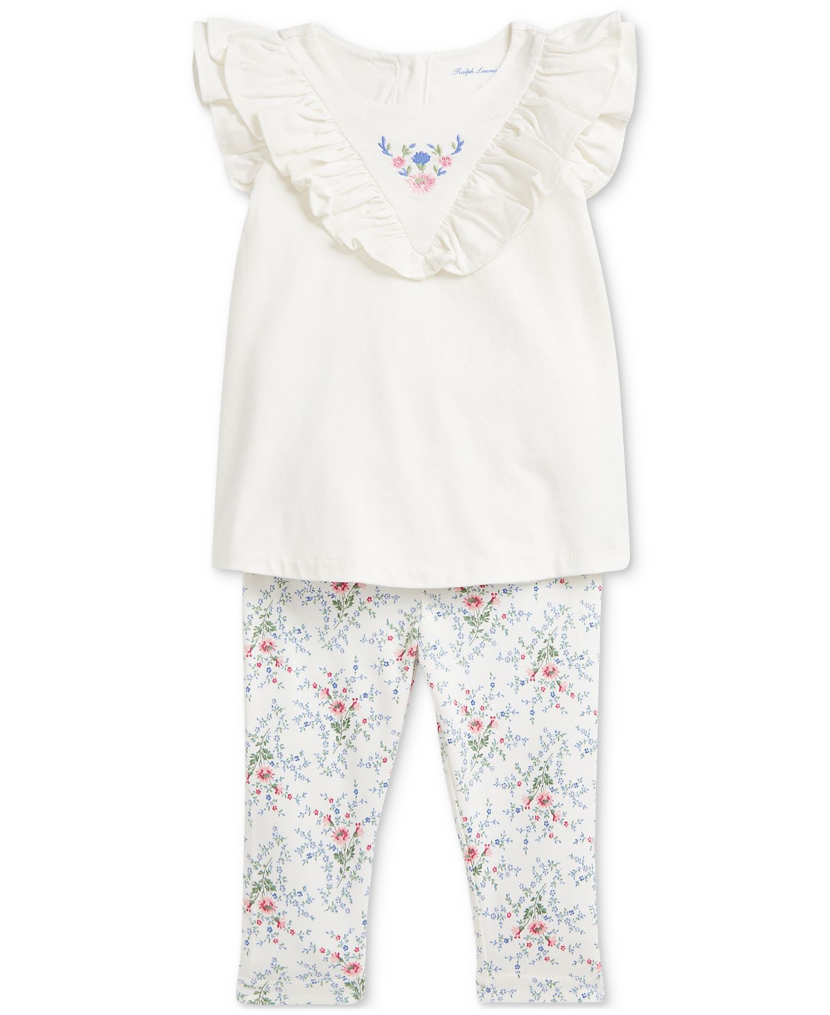 Polo Ralph Lauren Ralph Lauren Embroidered Cotton Ruffle Top & Floral Leggings Set In White