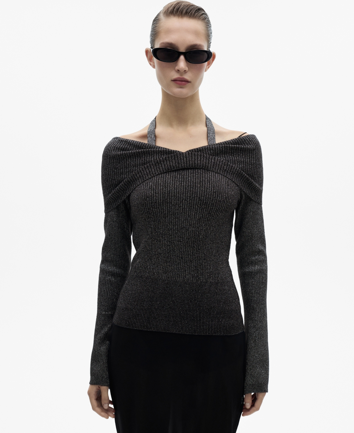 Shop Mango Women's Bare Shoulders Lurex Sweater In Gray