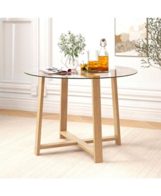 42 Inches Round Glass Dining Table with Tempered Glass Tabletop and Rubber Wood Legs