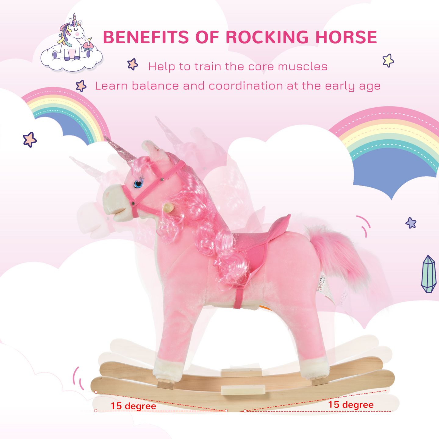 Детская игрушка Qaba Kids Rocking Horse, Ride on Unicorn w/ Wooden Base, Tail Wag & Sounds, цвет: Розовый — фото 4