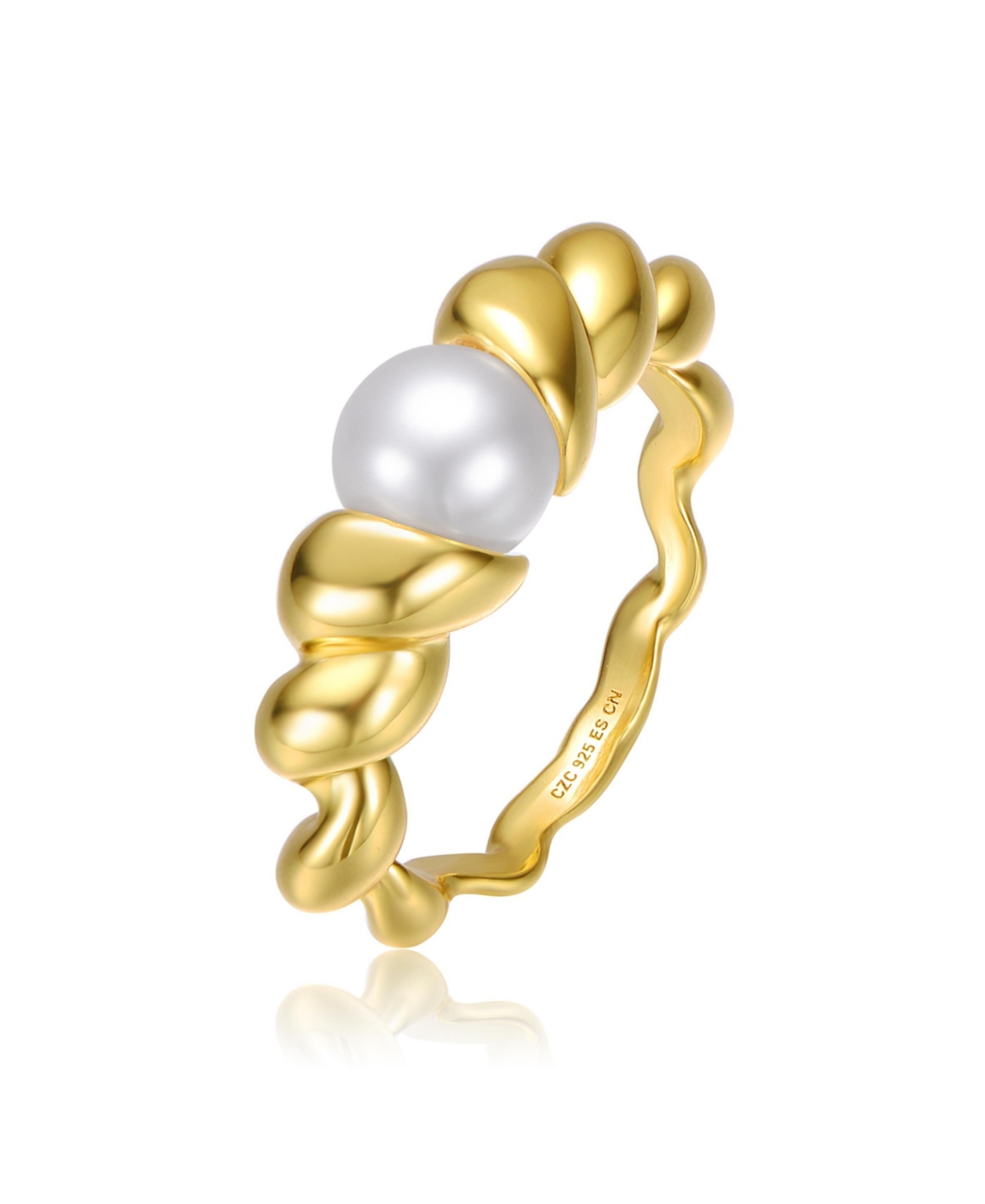 Sterling Silver 14K Gold Plated with Freshwater Pearl Scalloped Seashell Ring - Gold
