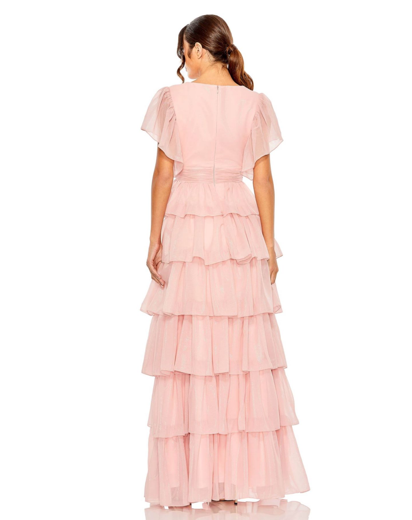 Женское платье Mac Duggal Tiered Flutter Sleeve V-Neck Evening Gown, цвет: Розовый — фото 5