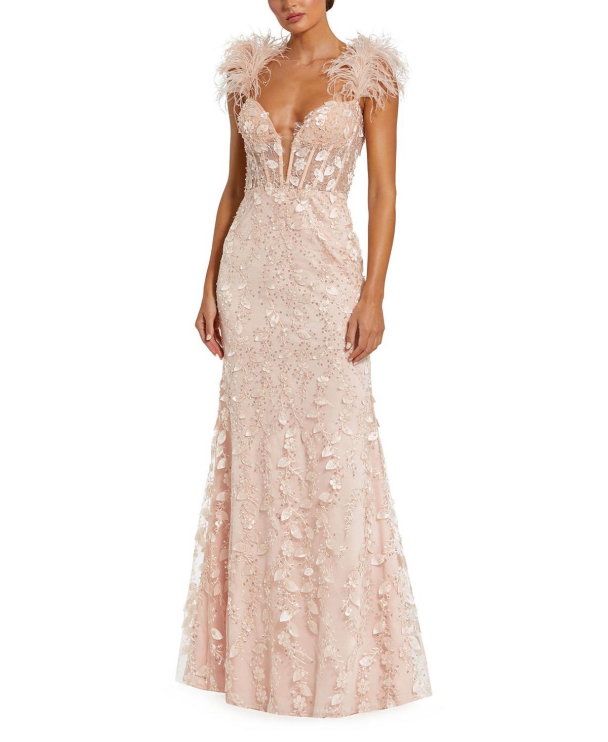 Mac Duggal Women's Sheer Applique Bustier Gown with Feather Straps