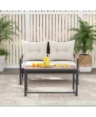 2 Pieces Patio PE Wicker Furniture Set with Acacia Wood Table