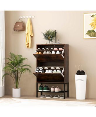 Industrial Shoe Storage Cabinet with 2 Flip Drawers and 1 Bottom Metal Shelf