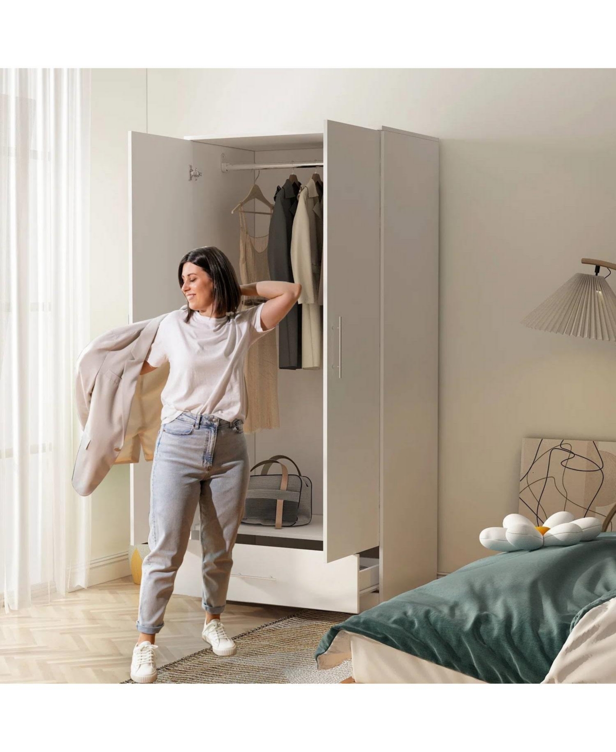 Slickblue Modern Armoire Wardrobe Closet Cabinet with Storage Drawer Wood Finish - White