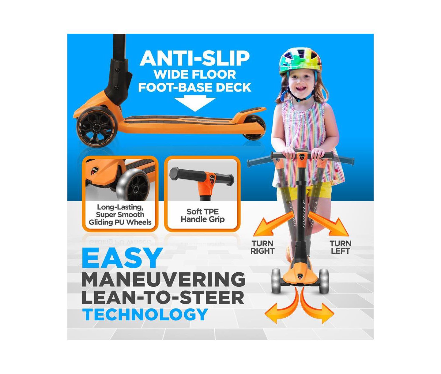 Детская игрушка Hurtle 3-Wheel Foldable Kids Scooter With LED Wheel Lights - Orange — фото 4