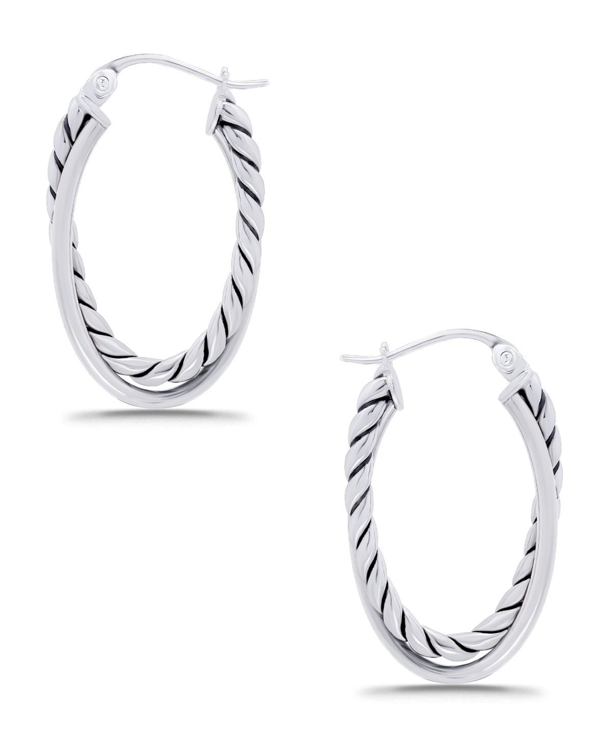 Macy's Oxidized Oval Two Row Polish Tubing Click Top Hoop Earrings In Silver