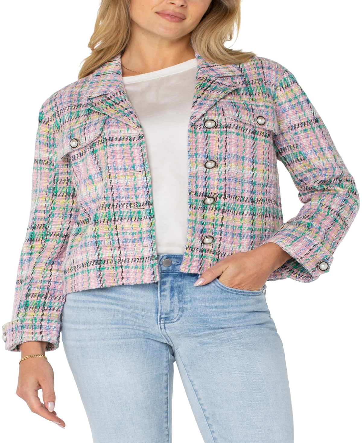 Liverpool Los Angeles Women's Button Front Boxy Plaid Shacket In Tea Rose Multi
