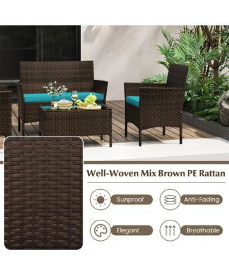4 Piece Patio Rattan Conversation Set Wicker Furniture Set w/ Chair Loveseat Outdoor