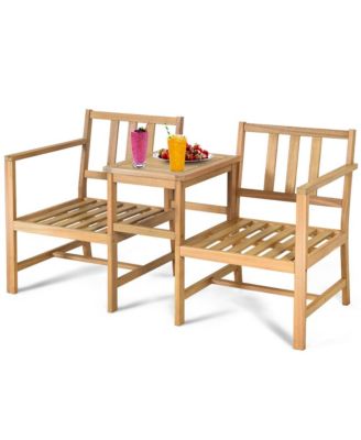 3 in 1 Acacia Wood Furniture Set Patio Outdoor w/ Cushion Coffee Table