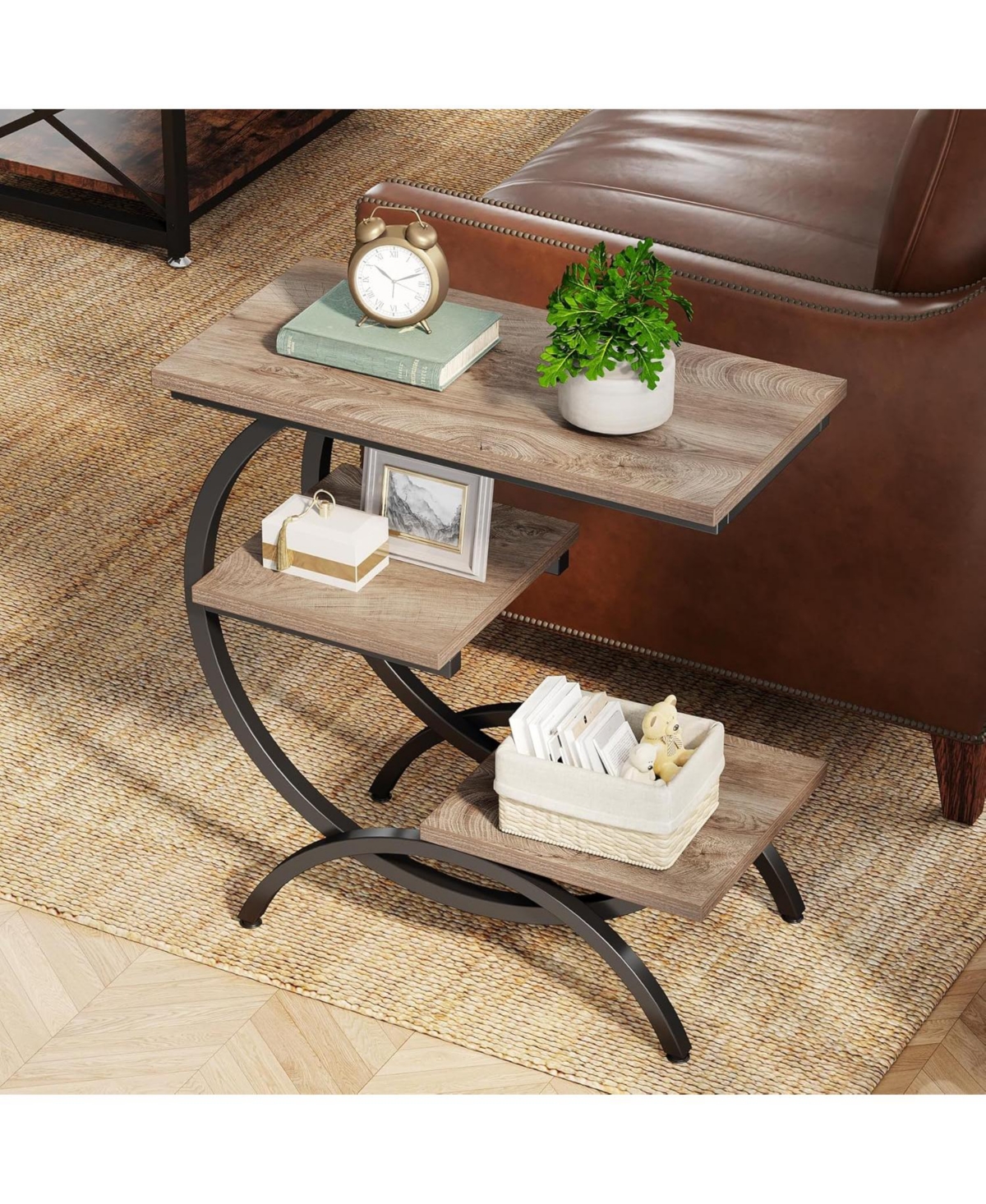 Tribesigns C-Shaped End Table Set of 2, Industrial 3-Tier Small Side for Couch, Wood Bedside Snack with Storage Shelves Liv