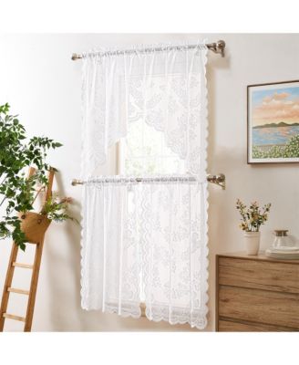 Butterfly Floral Lace - Sheer 3 Piece Kitchen Curtains Set, Light Filtering Transparent Window Swag Valance + 36 inch Tiers Set