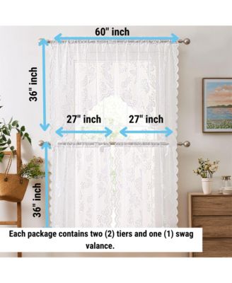 Butterfly Floral Lace - Sheer 3 Piece Kitchen Curtains Set, Light Filtering Transparent Window Swag Valance + 36 inch Tiers Set