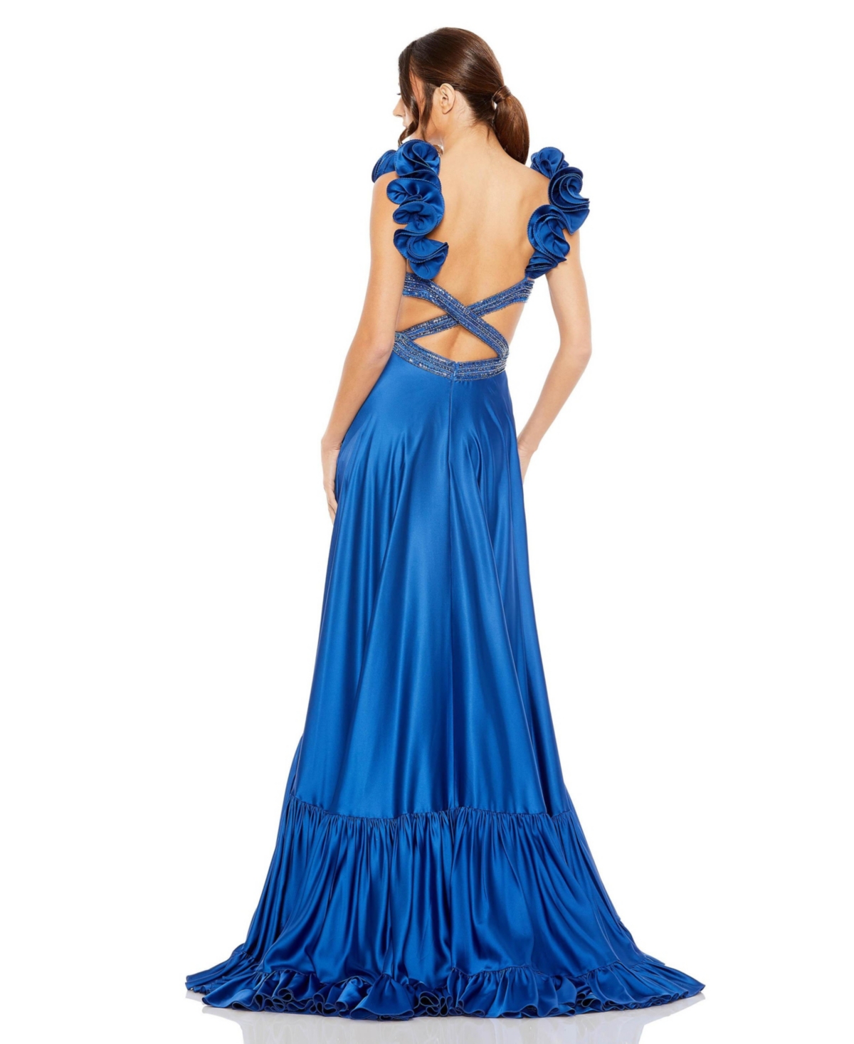 Mac Duggal Women's Beaded Cross Cut Out Ruffled Strap A Line Gown