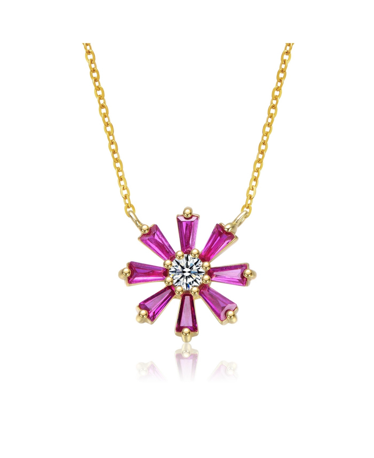 Sterling Silver 14K Gold Plated Flower Necklace with Red Cubic Zirconia Petals - Red