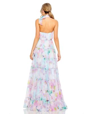 Women's Floral Print Asymmetrical Halter Neck Tiered Gown