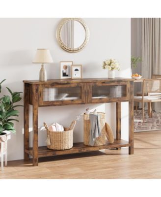 Entryway Table, 2 Tier Console Table with Storage, Wood Sofa Table with 2 Glass Drawers for Entry Way, Hallway,Living Room