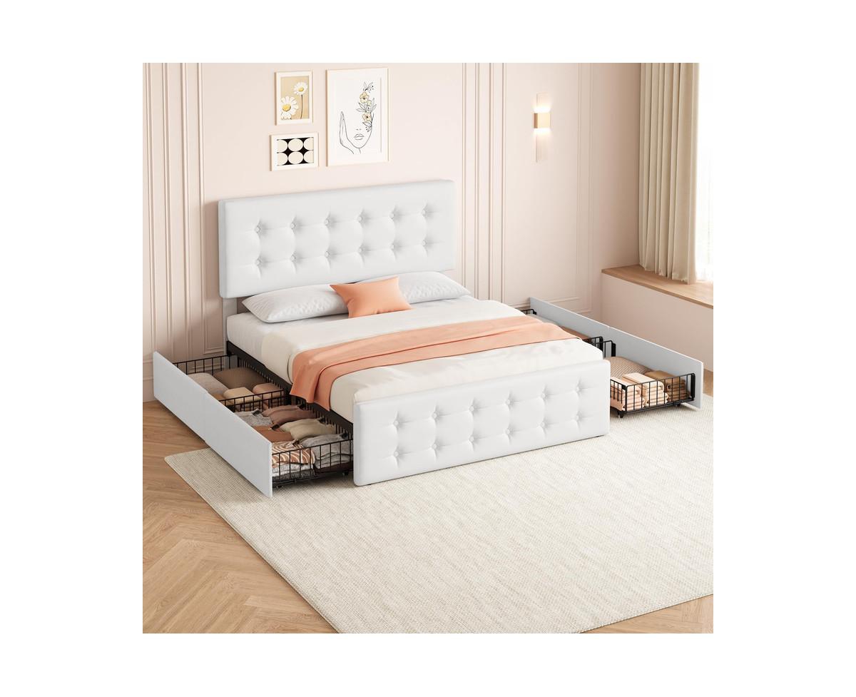 gaomon Size Bed Frame with 4 Storage Drawers and Headboard, Faux Leather Upholstered Platform Bed Frame with Wooden Slats Support, Button Tufted