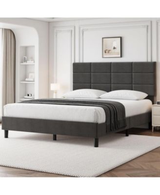 Full Bed Frame, Linen Upholstered Platform Full Bed Frame with Height Adjustable Headboard, Metal Frame Full Bed Frame with Strong Wood Slats and Support Legs, No Boxing Needed