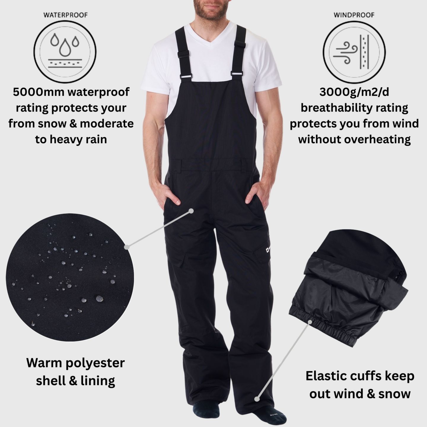 Мужские брюки Alpine Swiss Insulated Snow Bib Overalls Waterproof Ski Snowboard, цвет: Чёрный — фото 2