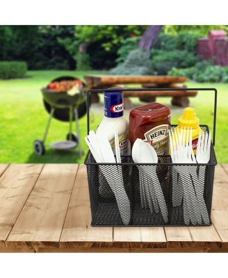 Mesh Utensil Caddy - Organize & Serve in Style! Perfect for Kitchen, Parties, and More. Multi-purpose with Compartments & Sturdy Handle - Black
