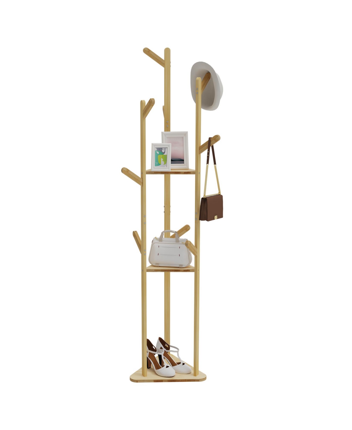 Sturdy Garment Clothes Stand: Natural Bamboo Coat Rack Hat Hanger Stand with Shelves - Natural