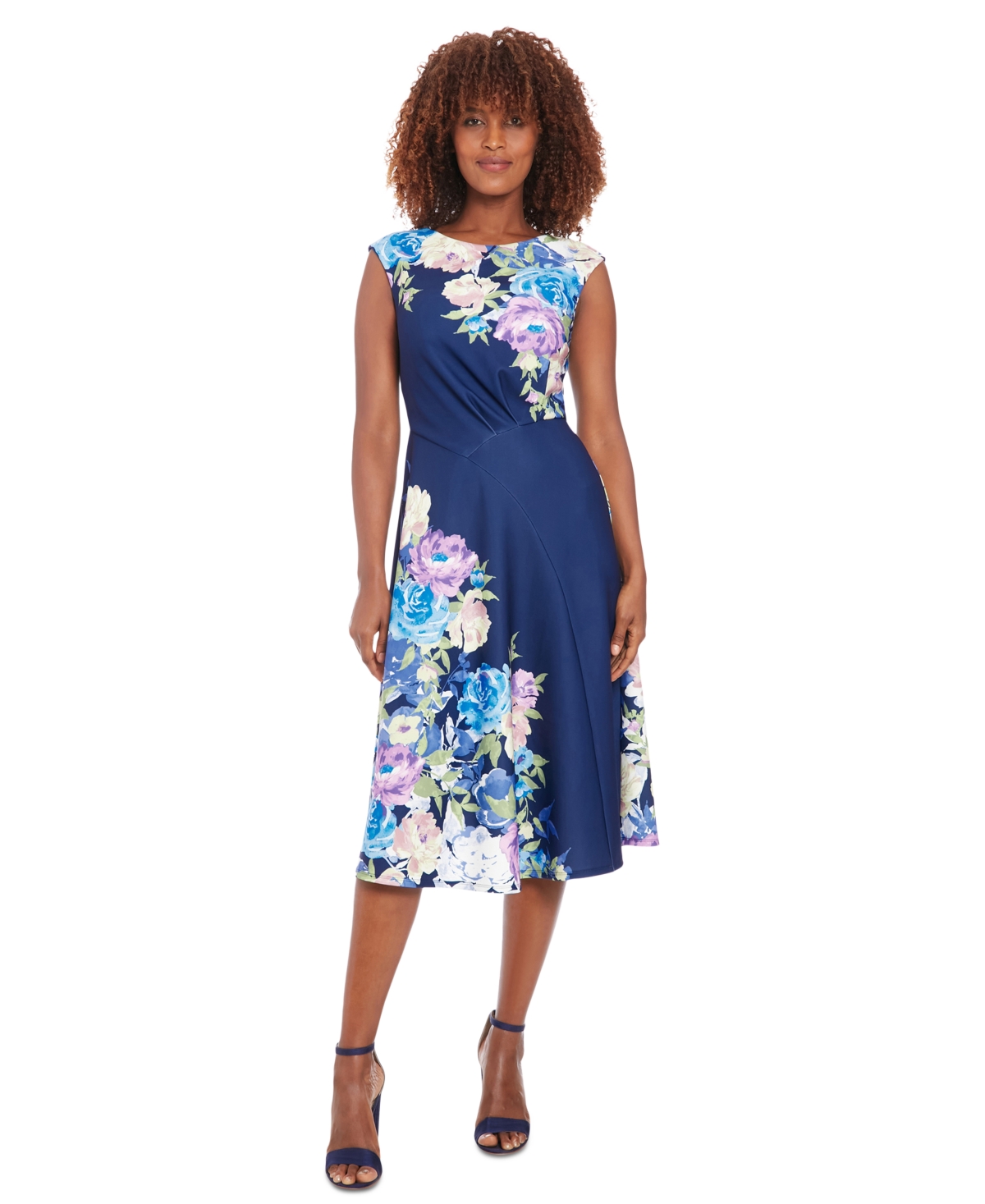 Women's Floral Extended-Shoulder Midi Dress - Navy/blush