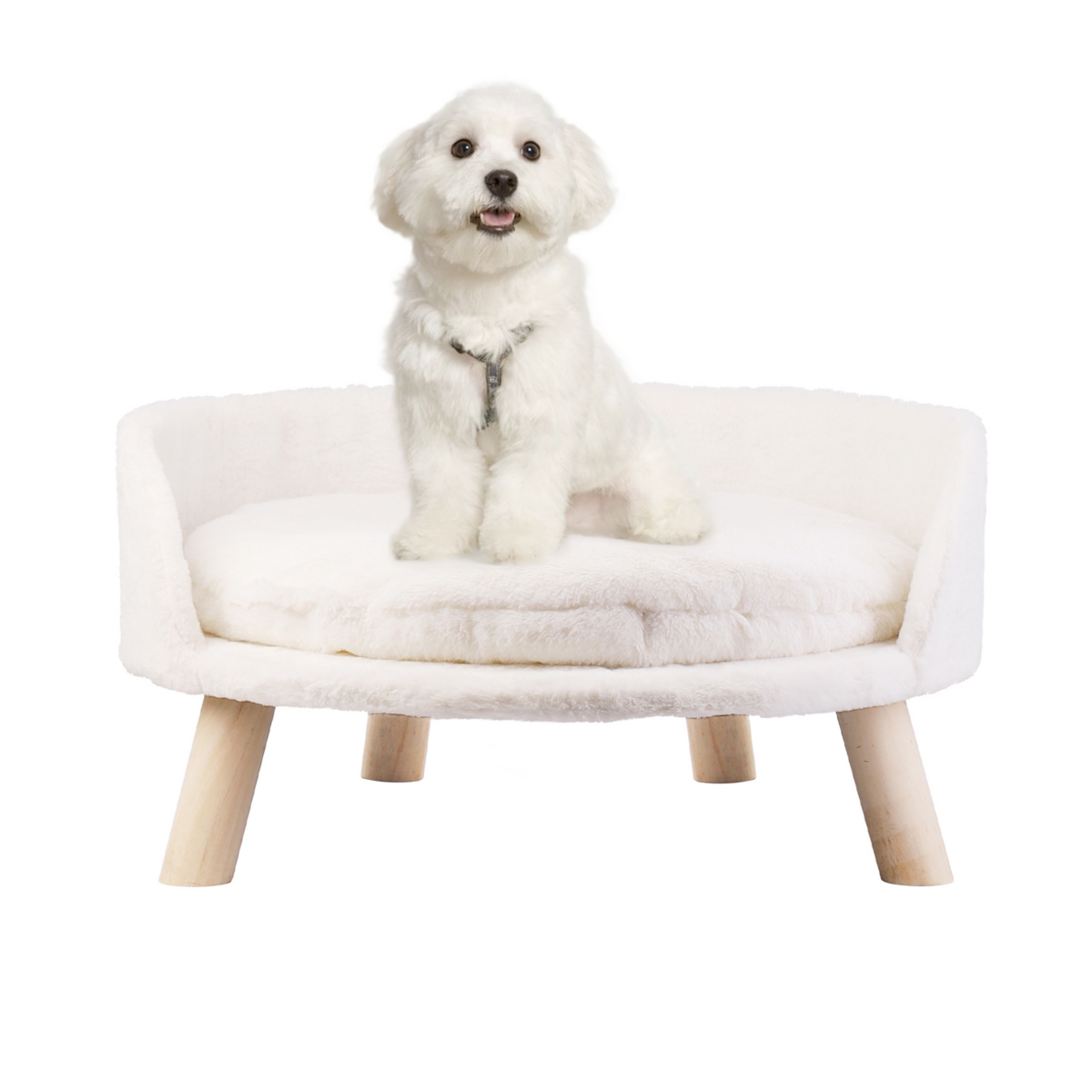 Pet Cat Dog Bed Soft Warm Plush Chair Bed Wood Legs Cushion Pad Washable - Beige overflow