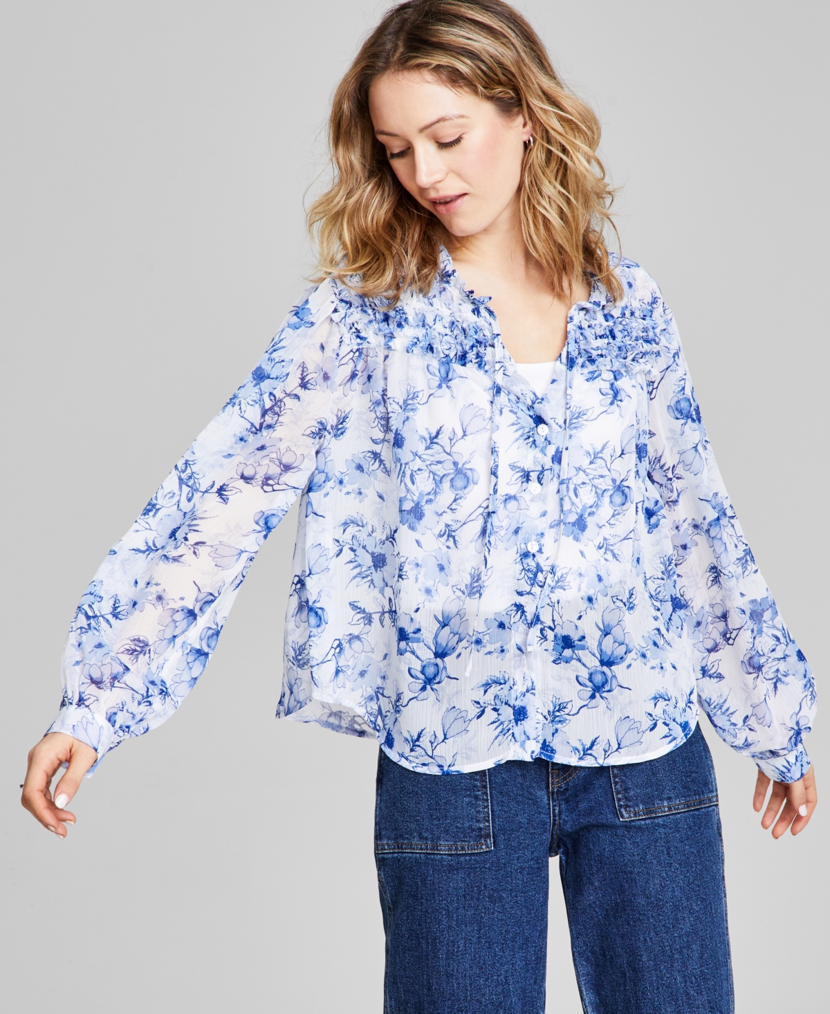 Women's Floral-Print Button-Front Ruffled Tie-Neck Woven Blouse - Crimson Floral