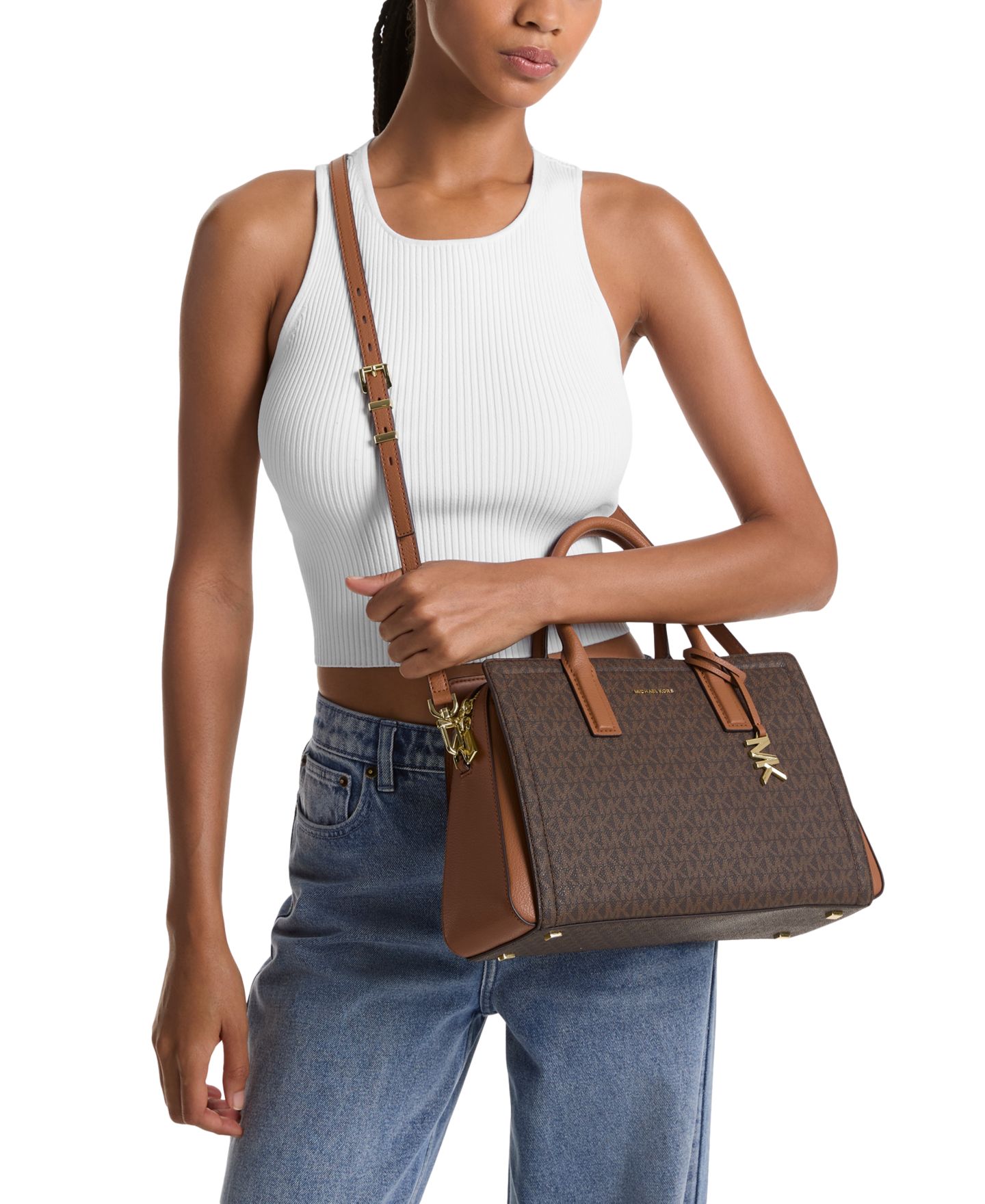 Женская сумка Michael Kors Laila Medium Signature Logo Satchel, цвет: Коричневый — фото 2